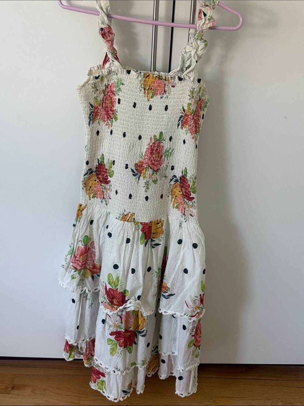 FARM Rio Nanaju Dress Floral Polka Sleeveless Smocked Tiered Midi White Medium - Picture 2 of 7